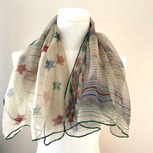 Vintage RODIER PARIS Chiffon Scarf Multicolor Stripes Flower Sheer Light 31X30"